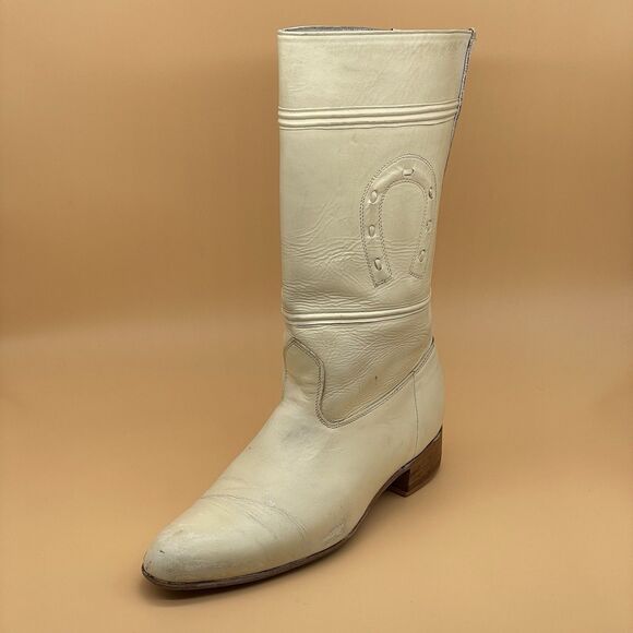 Escaramuza Mexican Riding Boots Horseshoe Women’s 9 Men's 7.5 Cream Leather Vtg - Picture 1 of 16